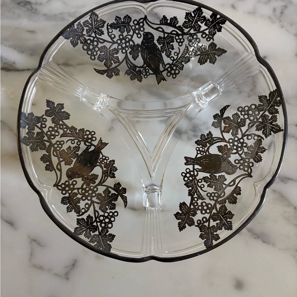 Vintage Footed Glass Dish with Silver overlay of birds and grapevine 6”